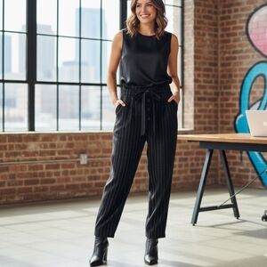 Pinstripe Paperbag Waist Wide Leg Pants High Rise Belted Trouser Size  M